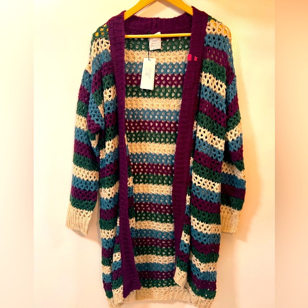 OPI, Multicolor Striped Open-Front Crochet Cardigan